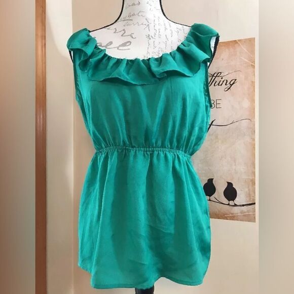 Forever 21 Women's Green Sleeveless Ruffle Top Blouse Shirt - Size M Medium - Picture 1 of 8